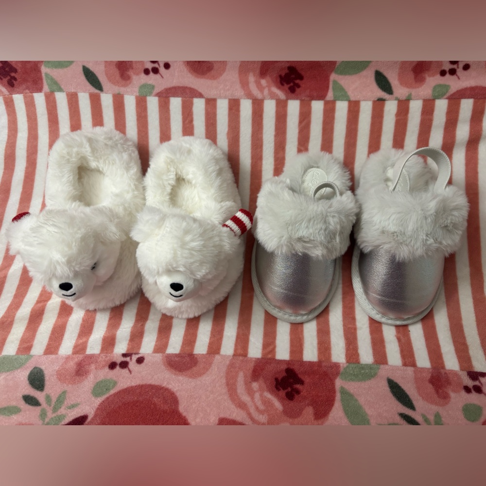 Adorable White Bear and Silver Slippers toddler girl size 7/8